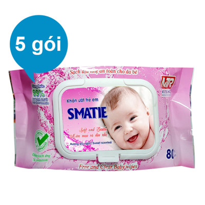 Combo 5 Gói Khăn Ướt Hương Phấn Smatie 80 Tờ