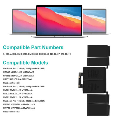 Pin A1964 Tương Thích Cho Macbook Pro Retina 13 Touch Bar A1989 (Year 2018 - 2019) TEEEMO PC Hàng Nhập Khẩu New Seal