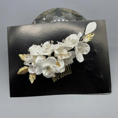 Cài tóc cô dâu hoa đất sét trắng có sẵn xược cài mã 002 - 15cm