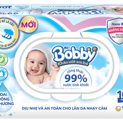 Combo Tiết Kiệm: Thùng 16 Gói Khăn Ướt Bobby Care Không Hương 100 Miếng/Gói tặng 15 khẩu trang Unicharm Nhật Bản