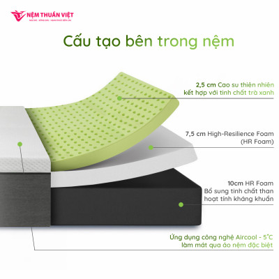 Nệm Foam Latex Thuần Việt Hybrid 20cm - Kết Cấu Đa Tầng, Nâng Đỡ Êm Ái, Bảo Vệ Cột Sống Khỏe, Công Nghệ Trà Xanh Kháng Khuẩn, Khử Mùi