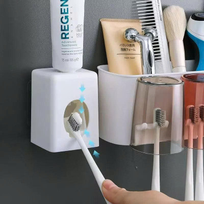 Bộ Nhả Kem Đánh Răng Tự Động – Kệ Bàn Chải Dán Tường, 4 Cốc Tiện Lợi Cho Gia Đình
