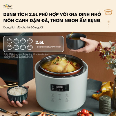 Nồi áp suất Bear SB-AS25L - Dung tích 2.5L, Nhiều chế độ, Hẹn giờ - Bản Tiếng Việt, Hàng chính hãng
