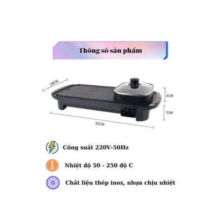 Bếp lẩu nướng 2in1 đa năng cao cấp dài, nồi lẩu kiêm nướng công suất 1300w, bề mặt tráng men chống dính - Hàng chính hãng