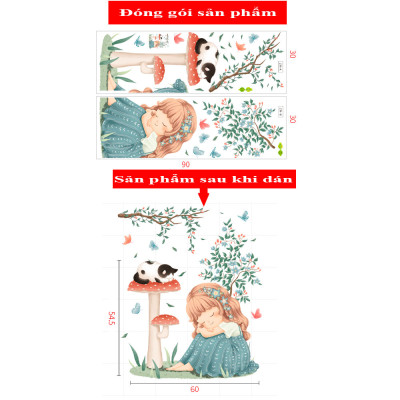 Sticker Giấy Dán Tường Decal Dán tường Tranh Dán Tường Trang Trí Tường Mẫu Cô Bé Bên Cây Nấm ZH-1010