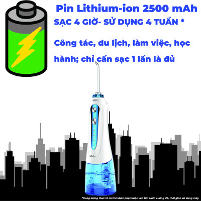 Tăm nước cầm tay H2ofloss HF-6. Tăm nước 5 chế độ, 5 đầu tăm đa chức năng, túi vải đựng máy, pin sử dụng tối đa 21 ngày, tặng kèm củ sạc nguồn thấp