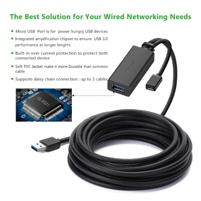 Ugreen UG20826US175TK 5M màu Đen Cáp tín hiệu nối dài USB 3.0 hỗ trợ nguồn MICRO USB - HÀNG CHÍNH HÃNG