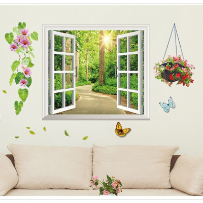 Decal dán tường Cửa sổ con đường xanh (58 x 103 cm)