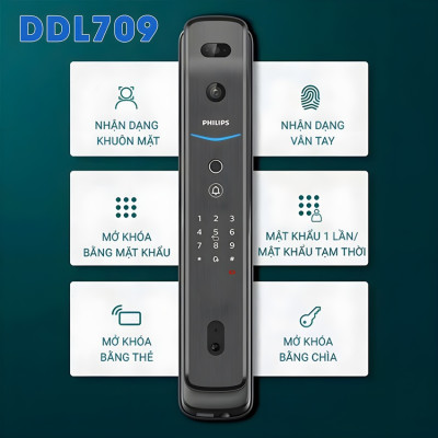 Bộ khóa cửa thông minh khuôn mặt 3D Face, vân tay, thẻ từ, mật khẩu và chìa cơ thương hiệu Philips DDL709-7HWS - Hàng nhập khẩu