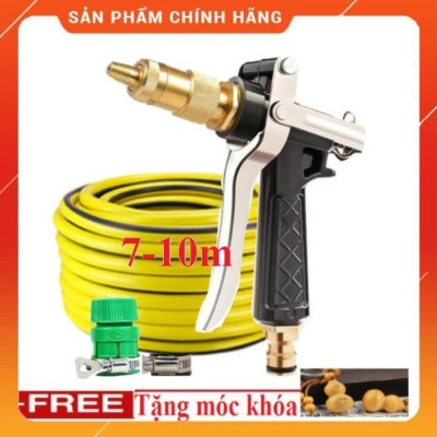 ️ Bộ dây vòi xịt nước rửa xe, tưới cây , tăng áp 3 lần, loại 7m, 10m 206236 đầu đồng,đai+ móc khoá .