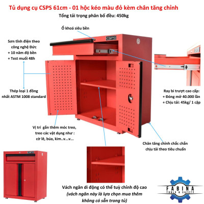 Tủ Dụng Cụ CSPS 61cm - 01 Hộc Kéo Màu Đỏ Chân Tăng Chỉnh