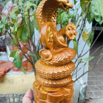 Tượng con rắn phong thủy cầu tài lộc bằng gỗ bách xanh cao 20x10x8cm 