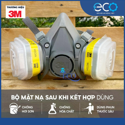 Bộ mặt nạ phòng độc 3M 6100/6200 với phin lọc 6003 kết hợp tấm lọc bụi 5N11 cùng nắp giữ 501 (7 món)