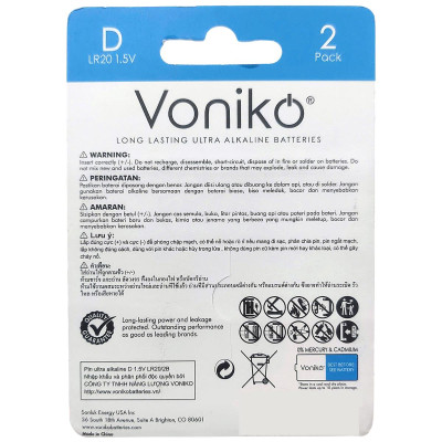 Vỉ 2 Pin Kiềm D 1.5V - Voniko