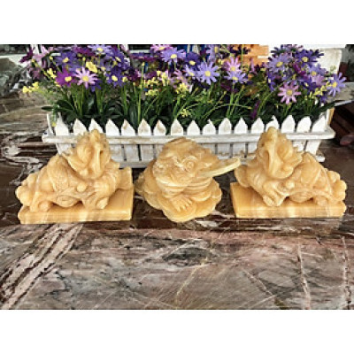 Bộ combo Tỳ Hưu dài 15cm và Tượng Cóc Ba Chân, Cóc Ngậm Tiền, Thiềm Thừ phong thủy dài 15 cm đá ngọc hoàng long