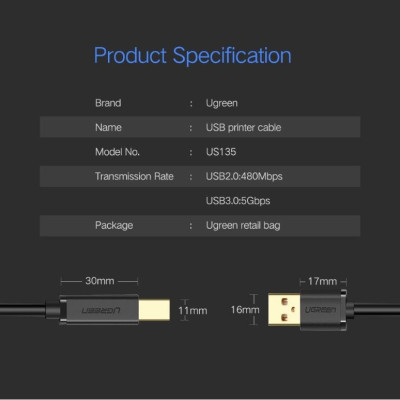 Ugreen UG20847US135TK 2M màu Đen Cáp USB 2.0 sang USB B máy in đầu mạ vàng - HÀNG CHÍNH HÃNG