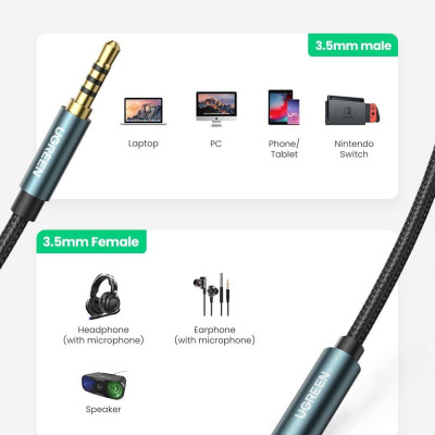 Ugreen UG70878AV118TK 3M 4 khấc Cáp 3.5mm nối dài đầu mạ vàng dây bọc dù - HÀNG CHÍNH HÃNG