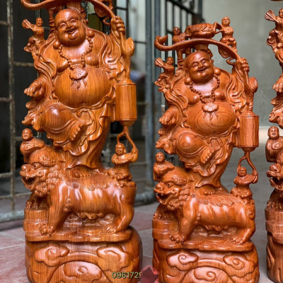 Tượng phật di lặc ngũ phúc bằng gỗ hương đá kt cao 50×21×13cm
