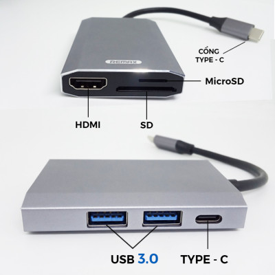 Hub chuyển đổi Remax RU-U30 6 in 1 cổng Type C ra USB 3.0 + HDMI + Đầu đọc thẻ nhớ - Hàng nhập khẩu