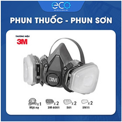 Mặt nạ phòng độc 3M 6100/ 6200 với phin lọc 6001 kết hợp tấm lọc bụi 5N11 cùng nắp giữ 501