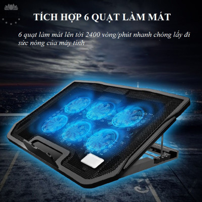 Đế Tản Nhiệt Laptop, Máy Tính Xách Tay Besti BTY02 , Có Đèn Led Cực Đẹp, 6 Quạt Giúp Làm Mát Nhanh Bảo Vệ Máy Tính Mà Không Gây Ồn Thích Hợp Cho Nhiều Loại Laptop - Hàng Chính Hãng 	