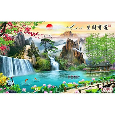 Tranh dán tường 3D sơn thủy hữu tình , phong cảnh, thác nước nhận in theo kích thước yêu cầu