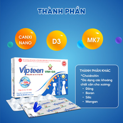 [Combo 6 tặng 1] hộp Viên Uống VIPTEEN VINH GIA Bổ Sung Canxi Nano D3 MK7 Hỗ trợ Tăng Chiều Cao Cho Trẻ 9 -18 tuổi (20 Viên)