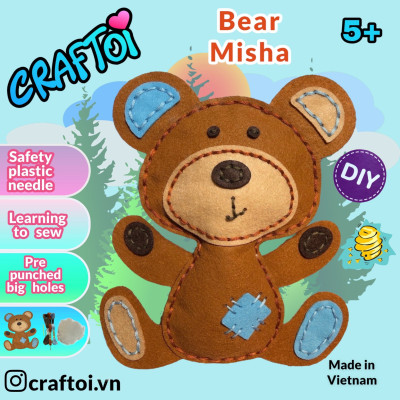 KIM NHỰA Bộ Thủ Công Trẻ Tự Làm Thú Bông 5+ BEAR MISHA Craftoi Felt Sewing toy prepunched holes plastic needle