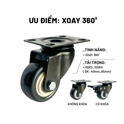 Bánh Xe Đẩy Hàng Có Bạc Đạn Và Khóa ANKAN, Bánh Xe Nhựa PVC Mini 40mm