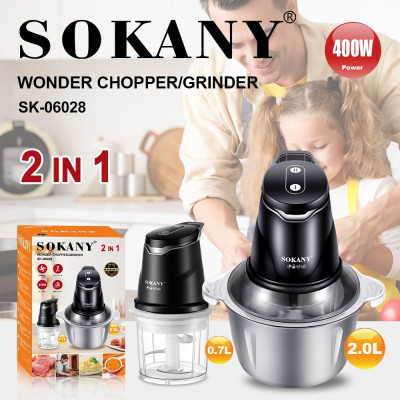 Máy xay thịt đa năng SOKANY SK-06028, dung tích lớn 2L, công suất 400W, lưỡi dao 2 tầng xay nhuyễn mọi thực phẩm - HÀNG CHÍNH HÃNG