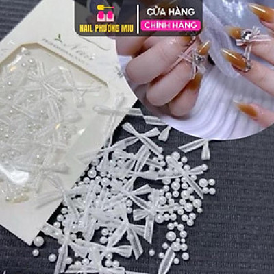 Set Charm Nơ Vải Lụa Mix Ngọc Trai Trang Trí Móng Độc Lạ, Làm Nail Sành Điệu Sang Chảnh Cho Nàng Nữ Women