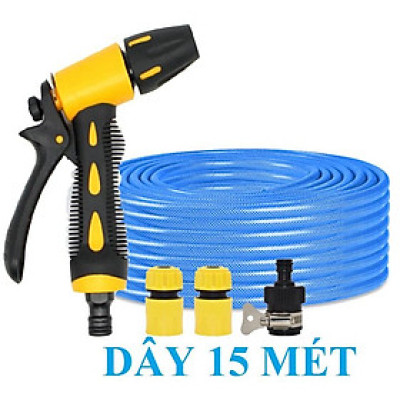 ️ Bộ dây vòi xịt nước rửa xe, tưới cây , tăng áp 3 lần, loại 15m 206236 đầu đồng,cút,nối đen+ đai