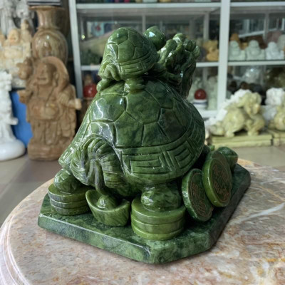 Tượng Long Quy ( Rùa đầu rồng ) cõng con phong thủy đá ngọc Ấn Độ - Dài 22 cm