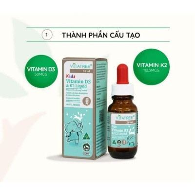 Tinh chất D3 K2 hỗ trợ hấp thu canxi cho trẻ Vitatree Kids Vitamin D3 & K2 Liquid 20ml