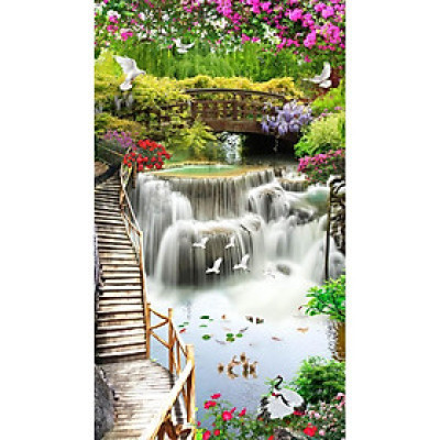 Tranh dán tường 3D phong cảnh thác nước cây cầu khổ dọc - vải lụa kim tuyến - kích thước theo yêu cầu