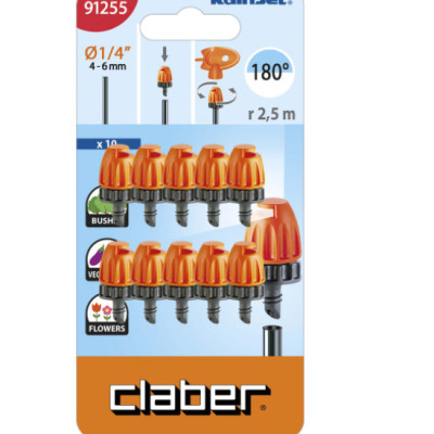 Béc tưới phun mưa Claber micro 180° 91255, hộp 10 cái, nhựa ABS, kết nối ống 4-6mm