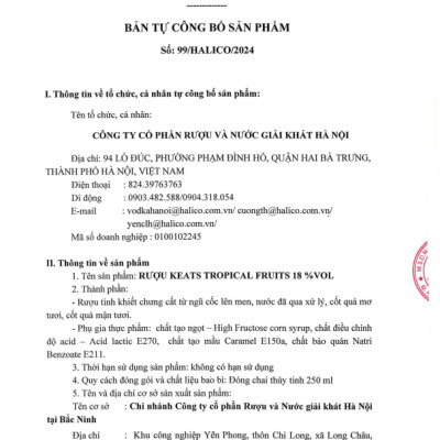 Rượu KEATs Tropical Fruits HALICO nồng độ 18 %vol chai 250ml  kèm hộp