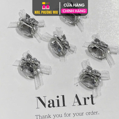 Đá Khối Mix Charm Nơ Voan Siêu Sáng Nhiều Màu Nghệ Thuật Hình Trứng Đá Viên Khoan Đa Mặt Làm Nail Nữ Women