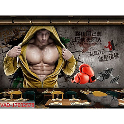 Tranh dán tường trang trí phòng gym  GY03 chất liệu pp kim sa có sẵn keo