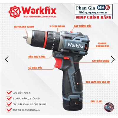 Máy khoan pin WORKFIX 16.8-Pin 4 cell-3 chức năng- Đầu kẹp 13mm- Sản phẩm bảo hành chính hãƞg.