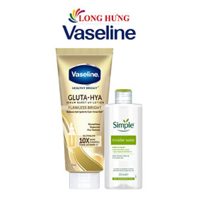 Combo Sữa dưỡng thể Vaseline Gluta-Hya Serum Burst UV Lotion Flawless Bright (330ml) + Nước tẩy trang Simple Micellar Water (200ml) - Hàng chính hãng