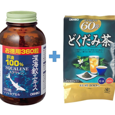 Combo Dầu gan cá mập sụn vi cá mập Orihiro Squalene và Trà diếp cá thải độc Dokudami Orihiro Nhật Bản