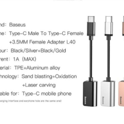 Đầu chuyển Type C sang Audio 3.5mm & Type C Baseus L40 (12cm Type C Male to Type C Female + 3.5mm Female Adapter) - hàng chính hãng