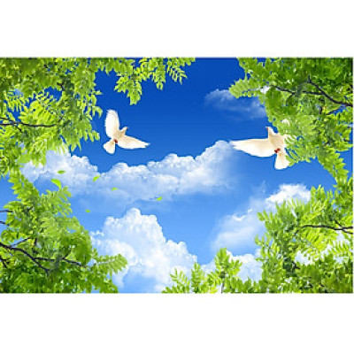 Tranh trần nhà 3D bầu trời lá xanh 7 TN56