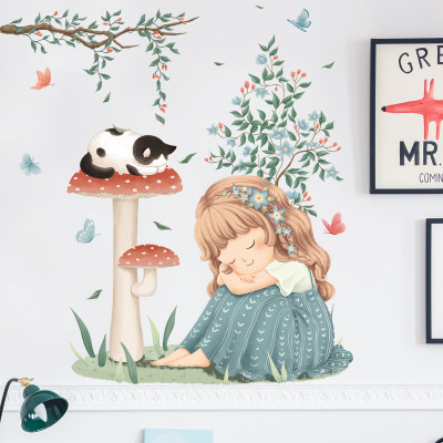 Sticker Giấy Dán Tường Decal Dán tường Tranh Dán Tường Trang Trí Tường Mẫu Cô Bé Bên Cây Nấm ZH-1010