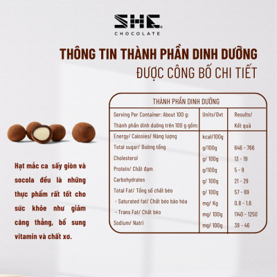 Socola Macca Tiramisu - Túi 50g - SHE Chocolate - Tốt cho sức khỏe - Quà tặng người thân, dịp lễ, thích hợp ăn vặt
