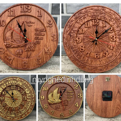 Tranh đồng hồ khắc trống đồng đông sơn trang trí phòng khách bằng gỗ hương đá kt mặt tròn 27×3×37cm  