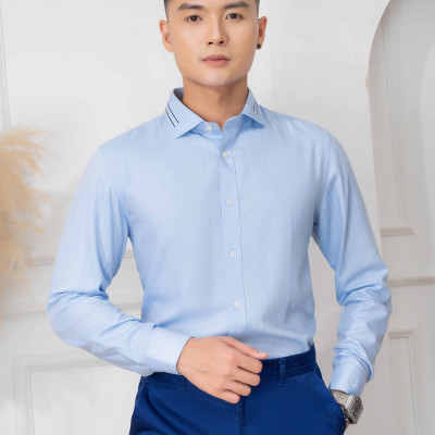 Áo sơ mi nam dài tay ALIGRO 100% chất bamboo Màu Xanh phối cổ bẻ dáng ôm body ALGS214