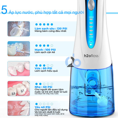 Tăm nước cầm tay H2ofloss HF-6. Tăm nước 5 chế độ, 5 đầu tăm đa chức năng, túi vải đựng máy, pin sử dụng tối đa 21 ngày, tặng kèm củ sạc nguồn thấp