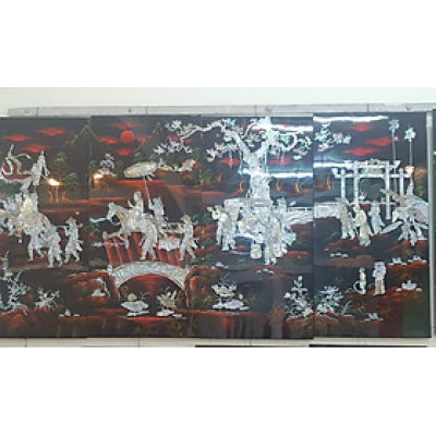 Tranh sơn mài Bộ 4 tấm Vinh Quy Bái Tổ cẩn ốc xà cừ, hàng đẹp, hàng xuất khẩu size 80x160 cm